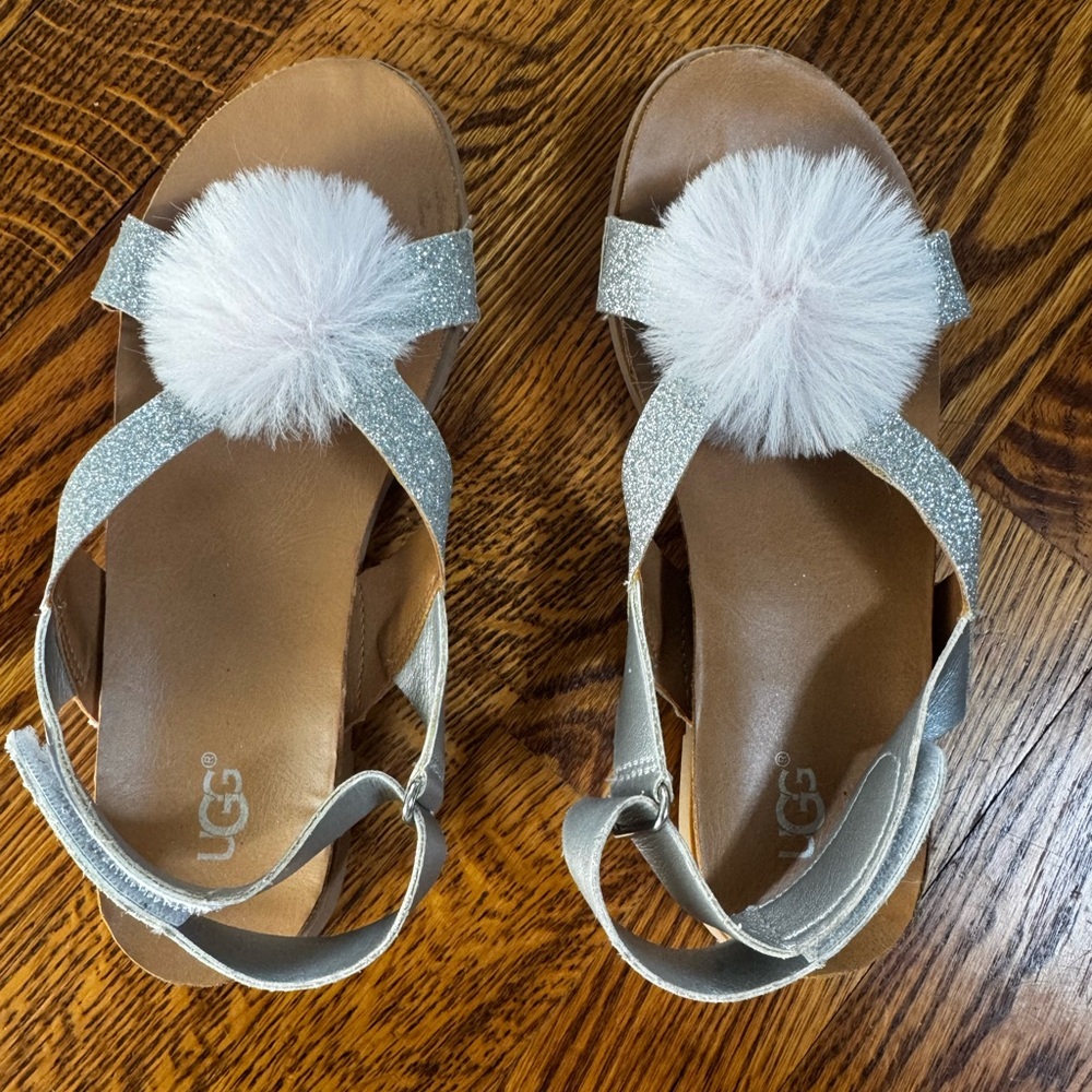 UGG Silver Sandals with White Fur Pom Poms